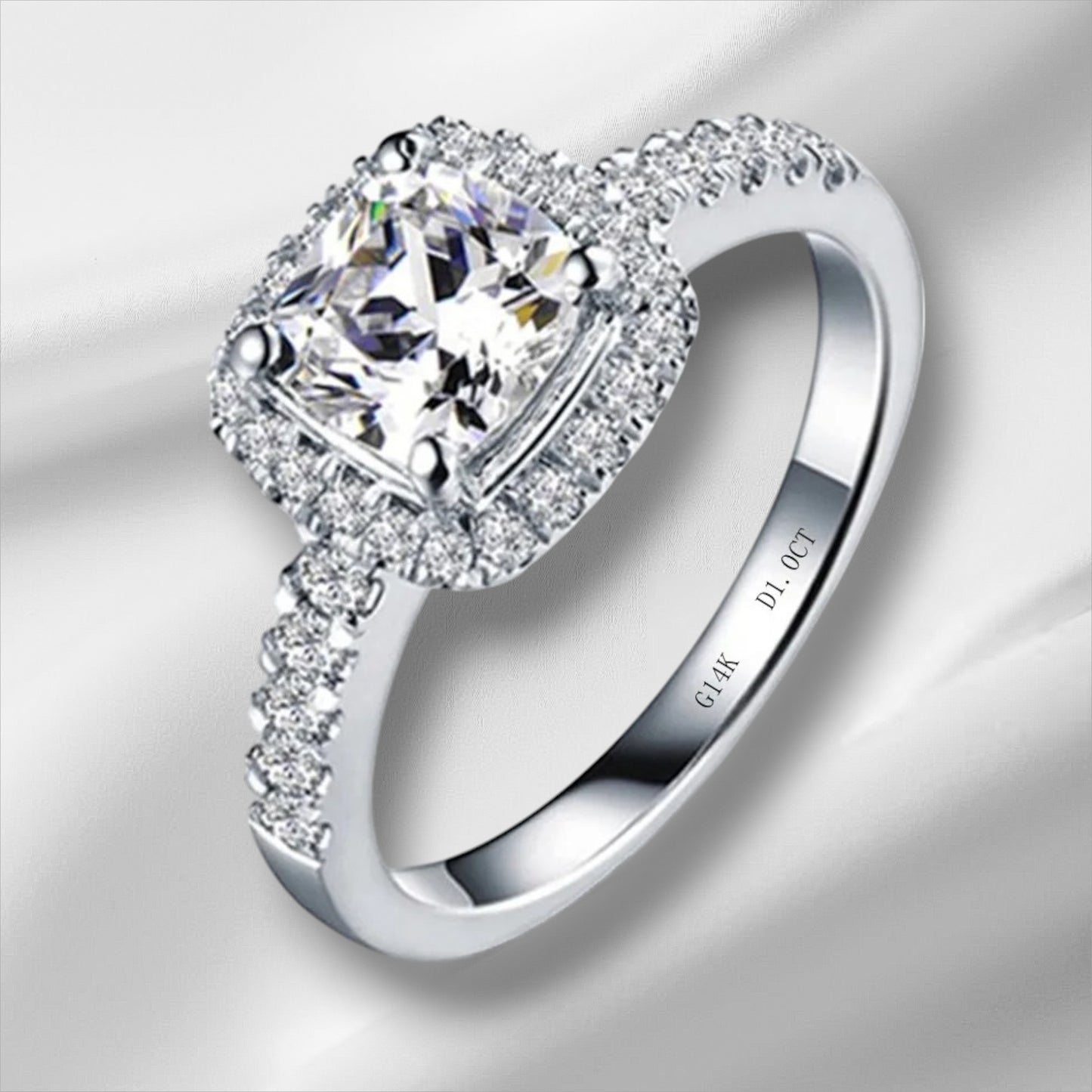 1CT Cushion Moissanite Engagement Ring | 14K White Gold | D Color VVS1 Clarity
