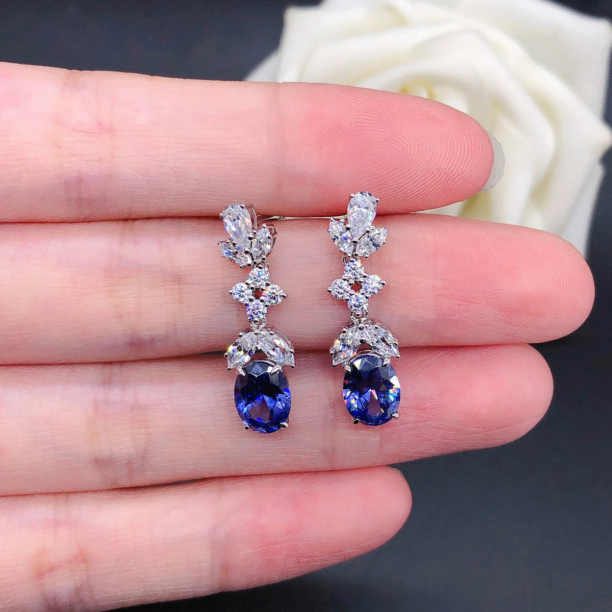 Genuine 18K White Gold Blue Sapphire Stud Earrings | Oval VVS1 Clarity, D Color Grade | Anti-Allergic Women’s Engagement & Party Jewelry