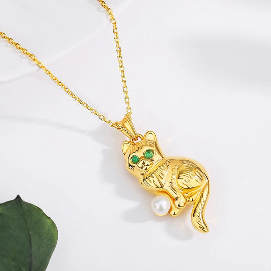 18K Gold Cat Pendant Necklace with Freshwater Pearl & Moissanite | Hypoallergenic AU750 | NGTC-Certified Elegant Jewelry 💎 GOMO